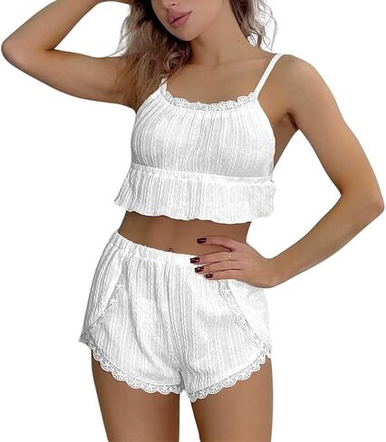طقم بيجامة نسائي مكشكش ملابس نوم لطيفة مع حواف من الدانتيل مع شورت PJ قطعتين ملابس نوم in Kuwait