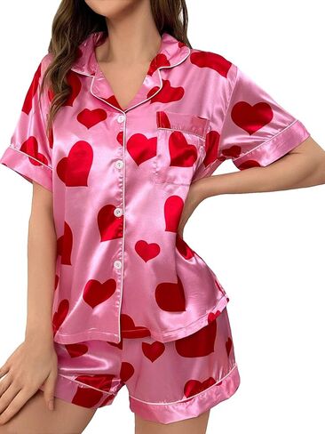 Women's Pajama Sets Satin Heart Print Button Front Short Sleeve Lapel Shirt and Mini Shorts Sleepwear in Saudi Arabia