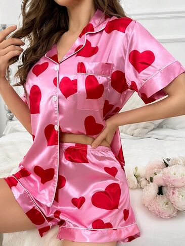 Women's Pajama Sets Satin Heart Print Button Front Short Sleeve Lapel Shirt and Mini Shorts Sleepwear in Saudi Arabia