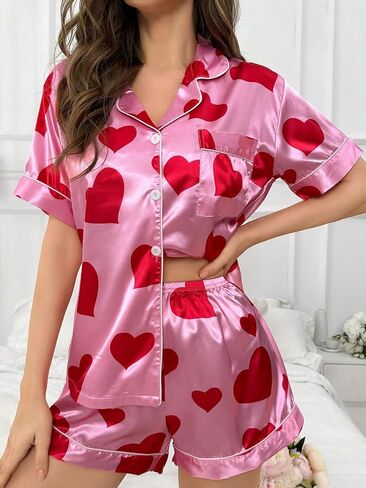 Women's Pajama Sets Satin Heart Print Button Front Short Sleeve Lapel Shirt and Mini Shorts Sleepwear in Saudi Arabia