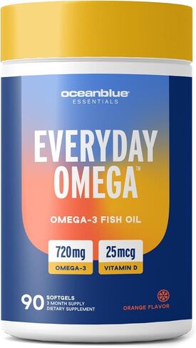 Oceanblue Essentials Everyday Omega – 30ct – Burpless Fish Oil with Vitamin D3 – for Heart and Immune Support – Easy to Swallow Softgels – Tasty Orange Flavor – 1 Month Supply in Saudi Arabia