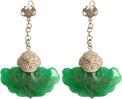 1Pcs Chinese Antique Tibetan Silver Inlaid Jade Earrings Chinese Jade Earrings Jewels in Saudi Arabia