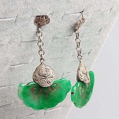 1Pcs Chinese Antique Tibetan Silver Inlaid Jade Earrings Chinese Jade Earrings Jewels in Saudi Arabia