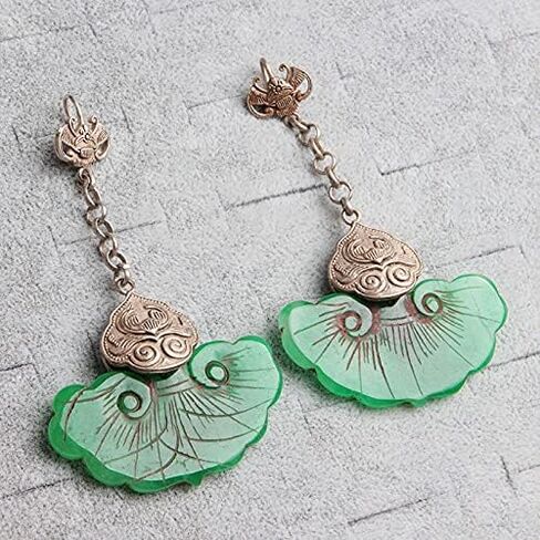1Pcs Chinese Antique Tibetan Silver Inlaid Jade Earrings Chinese Jade Earrings Jewels in Saudi Arabia