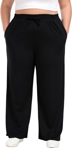 Women's Plus Size Wide Leg Pants Elastic Waist Casual Pants Summer Loose Fit Sweatpants with Pockets Drawstring in Saudi Arabia