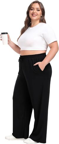 Women's Plus Size Wide Leg Pants Elastic Waist Casual Pants Summer Loose Fit Sweatpants with Pockets Drawstring in Saudi Arabia