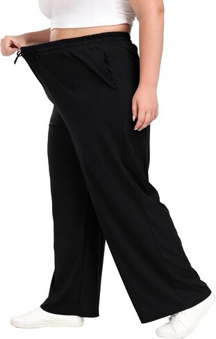 Women's Plus Size Wide Leg Pants Elastic Waist Casual Pants Summer Loose Fit Sweatpants with Pockets Drawstring in Saudi Arabia
