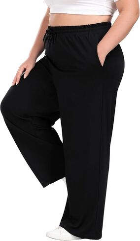 Women's Plus Size Wide Leg Pants Elastic Waist Casual Pants Summer Loose Fit Sweatpants with Pockets Drawstring in Saudi Arabia