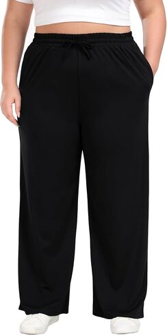 Women's Plus Size Wide Leg Pants Elastic Waist Casual Pants Summer Loose Fit Sweatpants with Pockets Drawstring in Saudi Arabia