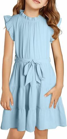 DOKOTOO KIDS Tween Girls Dresses Elegant Sleeveless Ruffle Flowy Dress with Belt 6-13 Years in Kuwait