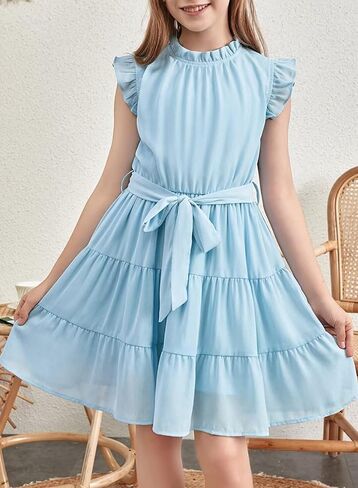 DOKOTOO KIDS Tween Girls Dresses Elegant Sleeveless Ruffle Flowy Dress with Belt 6-13 Years in Kuwait