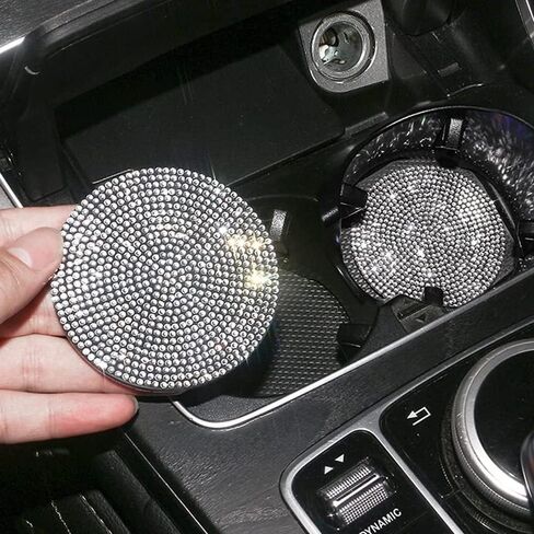 2 Pack Bling Car Cup Holder Coaster,Fashion Anti-Slip Shockproof Universal Vehicle Cup Holders Coasters Insert Bling Crystal Rhinestone Car Accessories for Women (Silver) in Kuwait