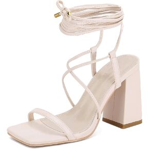 Lhamo Latso Women's Lace Up Strappy Block High Heels Square Toe Chunky Heel Sandals Dressy Shoes