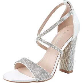 LALA IKAI Women's Strappy Chunky Block Sandals Rhinestone High Heels For Dress Wedding Party Evening Office Shoes