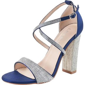 LALA IKAI Women's Strappy Chunky Block Sandals Rhinestone High Heels For Dress Wedding Party Evening Office Shoes