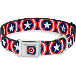 Buckle-Down Seatbelt Buckle Dog Collar - Captain America Shield Repeat Navy - 1" Wide - Fits 15-26" Neck - Large