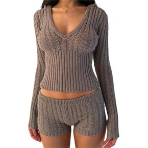 Y2k Women 2 Piece Knitted Outfits Knitted Sweater Top Zipper Jacket Sweatshirt High Waist Pants Set Streetwear