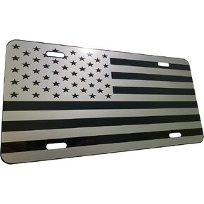 US American Flag Heavy Duty Aluminum License Plate Tactical Deep Gray(Metallic Silver) on Black S1
