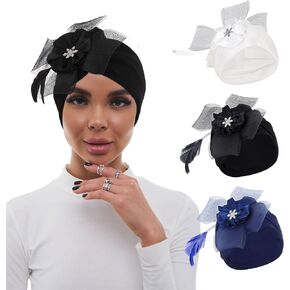 Bohend Flower Rhinestone Turbans Cap Pearl Knot Headwarp Beanie Feather Pleated Bonnet Head Cover Headscarf Hat for Women 3PCS