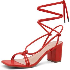Shoe Land Womens SL-Sweets Lace Up Chunky heeled sandals Strappy Straps Ankle Wrap Heels Square Open Toe Party Shoes