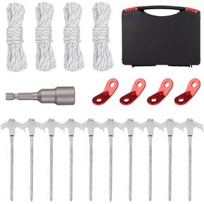 10 Pack Tent Stakes Heavy Duty Metal, 8 inch Tent Pegs Drillable Ground Anchors Screw in, Glow in The Dark Camping Stakes with Ropes and Tensioners, Hex Head Driver and Case