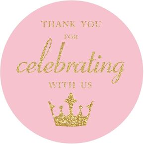MAGJUCHE Pink Little Princess Thank You Stickers, Gold Glitter Girl Baby Shower or Birthday Party Crown Sticker Labels, 2 Inches, 40-Pack