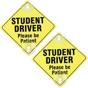 Student Driver Warning Signs, Please Be Patient Student Driver Safety Warning 2 Pcs 4.92"x4.92" Safety Car Sign with Double Suction Cups Reflective Sticker for Car Window Reusable for New Driv