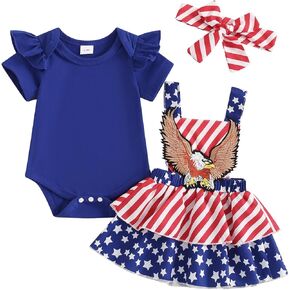 Gueuusu Baby Girl 4th Of July Outfit Newborn Ruffle Short Sleeve Romper Cartoon Bear/Eagle Suspender Dress Headband Set