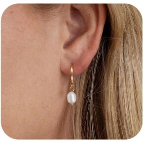 Pearl Earrings for Women 14k Gold/Silver Hoop Earrings with Freshwater Pearl Charm,Hypoallergenic Huggie Small Drop Dangle Earrings for Women Trendy Wedding Jewelry Gifts for Her