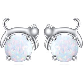 TIGER RIDER Cat Stud Earrings for Women Sterling Silver Cute Animal Opal Earrings Jewelry Birthday Gifts for Cat Lovers