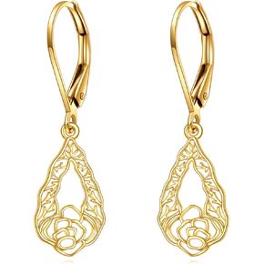 Gold Flower Earrings 14K Gold Flower Teardrop Dangle Leverback Earrings Fine Gold Floar Drop Earrings Jewelry Gifts for Women Girls