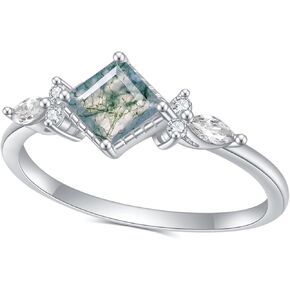 خواتم عقيق الطحلب الأخضر من Gem's Beauty ذهب عيار 14 قيراط/ذهب وردي عيار 14 قيراط خاتم خطوبة بثلاثة أحجار من الفضة الإسترلينية عيار 925 خاتم ذهبي نسائي هدايا لها