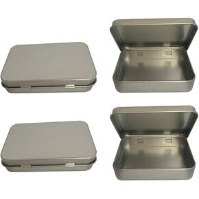 Metal Hinged Empty Hinged Tin Container with Lid, Silver Mini Portable Storage Tin Box for Pills Crafts Herbs Home Jewelry Organizer, Rectangular Candy Tin Empty Box (4 Pack)