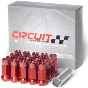 Circuit Performance Forged Steel Extended Open End Hex Lug Nut for Aftermarket Wheels: 12x1.25 Red - 20 Piece Set + Tool