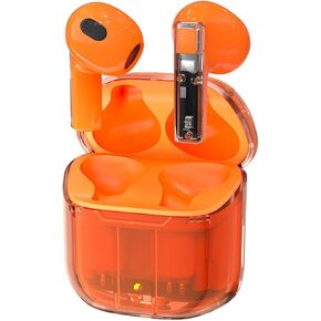 True Wireless Earbuds Bluetooth in Ear Headphones for iPhone Android Transparent Blue Tooth 5.3 Ear Buds Deep Bass TWS Wireless Earphones with Microphone Cordless Earbud with Charging Case Orange