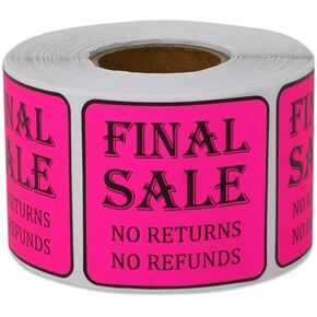 Final Sale Stickers - No Returns No Refunds - 1.5 x 1.5 Inch Square in Neon Pink for Retail Grocery Clearance Final Sales Garage Yard Sale Rummage Thrift Stores Labels - 300 Labels per Roll