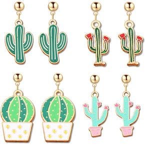 4 Pairs Cactus Earrings Set for Women Vintage 18k Gold Plated Enamel Green Tropical Desert Potted Plants Dangle Drop Stud Earrings Jewelry