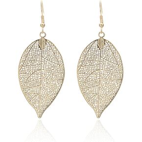 Filigree Leaf Long Pendant Earrings for Women Teen Girls Gold Silver Plated Vintage Simple Black Hollow Out Tiered Tree Leaves Charm Lightweight Dangle Drop Earrings for Minimalist Birthday Wedding Fashion Jewelry Gifts