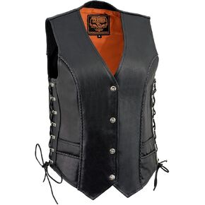 Milwaukee Leather ML2042 Women's Black Thin Braid Naked Leather Side Lace Motorcycle Rider Vest- Front Snap Closure