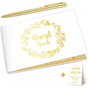 Wedding Guest Book with Pen Wedding Memory Book with Table Cards Guest Sign-in Book White Cover with Foil for Guests Visitors to Sign at Wedding Party Hotel Baby Bridal Shower, 9 x 6 Inch (Cute)