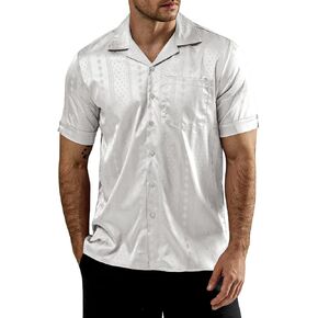 VATPAVE Mens Summer Jacquard Silk Shirts Casual Button Down Short Sleeve Hawaiian Shirt with Pocket
