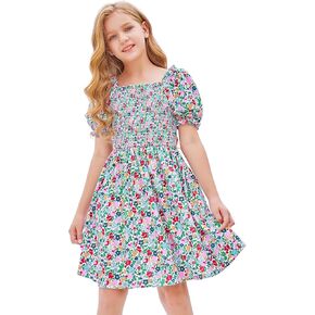 LaBeca Girls Square Neck Ruffle Puff Sleeve Floral Print Smocked Casual Dress for 5-12 Years in Kuwait