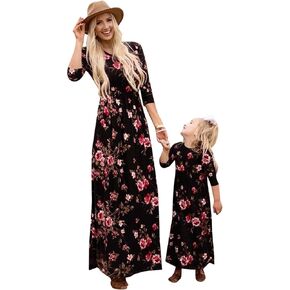 FLITAY Women’s Striped Casual Long Sleeve Print Floral Mommy Daughter Outfits Maxi Long Dress