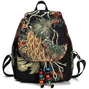 Women's Backpack Ethnic Style Sequins Peacock Embroidery Shoulder Bags Travel Canvas Daypack