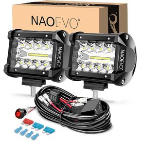 NAOEVO 4 Inch LED Pod Lights, Spot Flood Amber LED Fog/Driving/Off Road Lights, Small LED Light Bar with 2 Leads Wiring Harness, LED Cube Work Lights for Truck Boat ATV UTV, 2 Pcs (Amber)