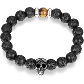10MM Vocalnic Lava Stone Bead Chain Bangle Bracelet, Stainless Steel Vintage Skull Circle Bead Charm