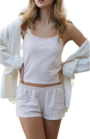 RUEWEY Women's Pajamas Shorts Set Spaghetti Strap Crop Top and Shorts Pjs Sleepwear Sets in Kuwait