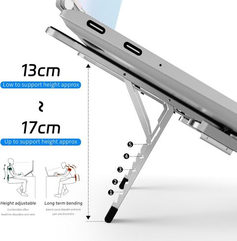 ZenRich Foldable Laptop Stand for Travel, Ergonomic Aluminum Laptop Holder Riser with 6-Levels Height Adjustment, Fits with MacBook Air, MacBook Pro, iPad, HP, Dell, Lenovo (Up to 17.3''), Silver in Saudi Arabia