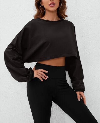 Meladyan المرأة طويلة الأكمام Crewneck المحاصيل تي شيرت البلوز عادية الصلبة فضفاضة تناسب تجريب اقتصاص البلوز التي شيرت in Saudi Arabia