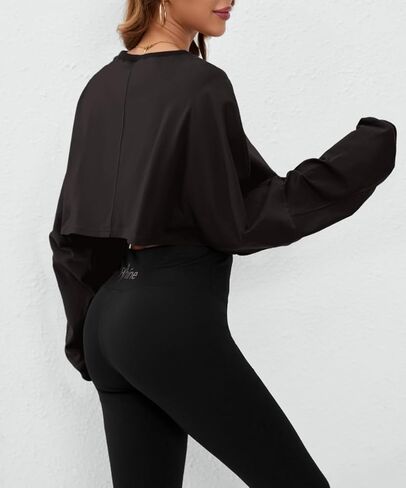 Meladyan المرأة طويلة الأكمام Crewneck المحاصيل تي شيرت البلوز عادية الصلبة فضفاضة تناسب تجريب اقتصاص البلوز التي شيرت in Saudi Arabia
